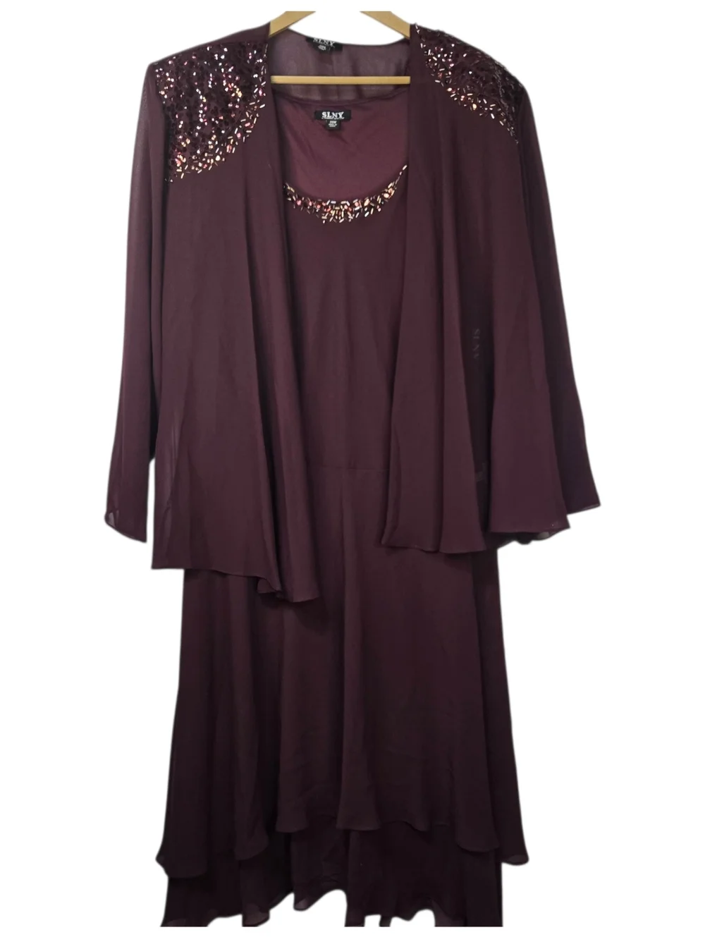 slny evening dresses SLNY Short-Sleeve Metallic Long Evening Dress